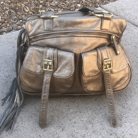 BULGA Shoulder Quality Leather Bag! Metallic Brass Color! Multiple Compartments! - Picture 4 of 16